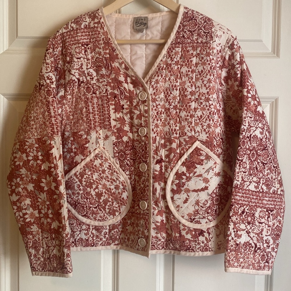 Como Vintage Quilted Boho Floral Jacket Size M Button Down Cotton Blend Burgundy